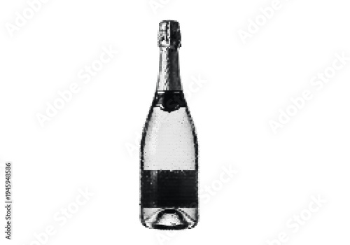 Monochrome bottle of sparkling wine with halftone glass effect