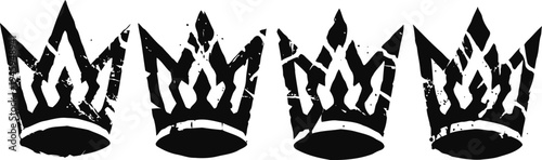 Black tribal crowns set with pointed spikes in a row stylized royal symbols, medieval vintage design elements