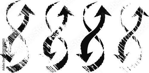 Grunge double arrows pointing up and down in intertwined spiral patterns, black vector set