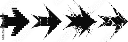 set of four black grunge arrows with different distressed textures and shapes on white background