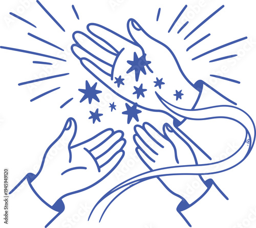 Divine hands emanating sparkling magical light with stars and celestial radiance for a blessing