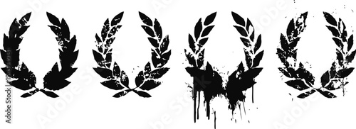 grunge laurel wreath silhouettes in black ink splatter style, vintage floral decoration elements