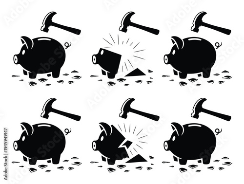 Piggy Bank Breaking with Hammers Vector Illustration