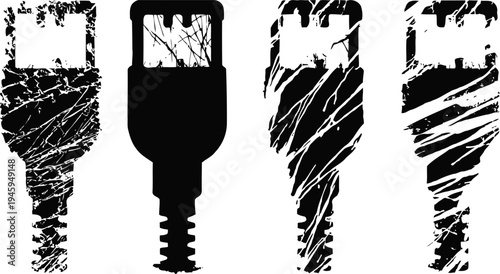 Four grungy usb cable connectors showing wear and tear in black silhouette