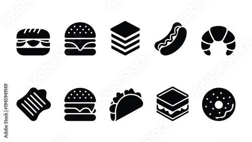 Fast food meal collection including hamburger sandwich hotdog croissant taco and donut graphic