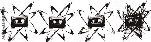 retro cassette tape grunge icons with star background in four distressed variations