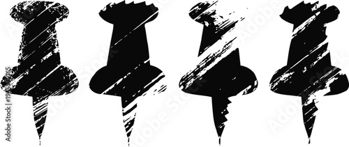 black grunge push pins isolated on white background with rough texture