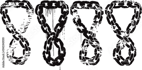 Grunge chains in various shapes and distressed styles on white background