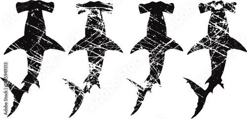 Hammerhead sharks silhouettes in grunge underwater ocean wildlife and marine predator creatures