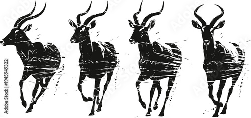 silhouettes of running antelope in motion with dynamic brush stroke effect