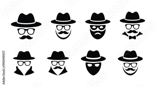Gentleman with hat glasses mustache and beard hipster anonymous spy avatar portrait icon set