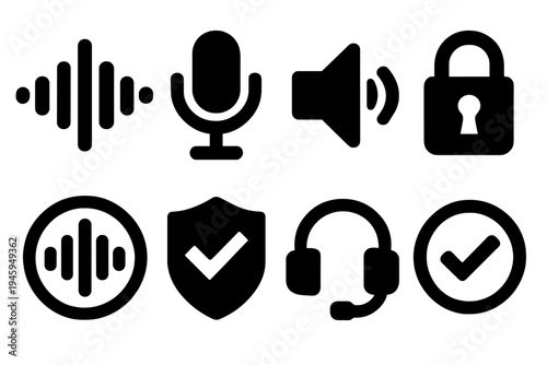 Brutalist Voice Authentication Icons. Voice Authentication silhouette set: sound wave, microphone, speaker, padlock, waveform circle, secure badge, headset, approval check