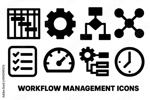 Brutalist Workflow Icons. Workflow Management silhouette set: gantt chart, gear wheel, flow diagram, connected nodes, checklist card, progress tracker, automation icon, time clock