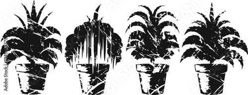 black and white grunge pineapple silhouettes in pots tropical fruit plants with rough texture