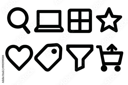 Brutalist Shopping Icons. Product Browsing silhouette set: magnifying glass, laptop, product grid, star rating, wishlist heart, price tag, filter funnel, add-to-cart icon