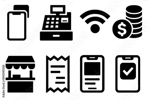 Brutalist POS Icons. Mobile POS silhouette set: phone reader, cash register, wireless network, coin stack, store counter, invoice paper, device screen, payment success