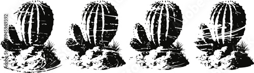 black and white silhouette of round cactus with small side branches, desert plant illustration