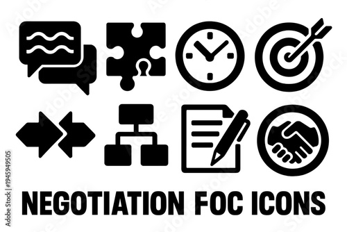 Brutalist Negotiation Icons. Negotiation silhouette set: speech waves, puzzle pieces, clock, goal target, compromise arrows, decision chart, pen and paper, handshake circle