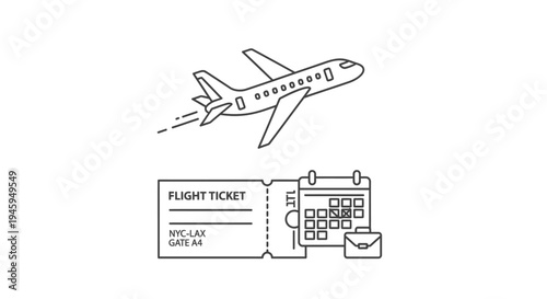 Airplane flying above a flight ticket stub next to a calendar icon and small briefcase represents organized air travel planning and scheduling for professional journeys.