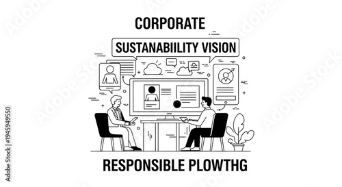 Two professionals seated opposite each other discuss corporate sustainability vision displayed on a large screen symbolizing responsible growth and digital collaboration.