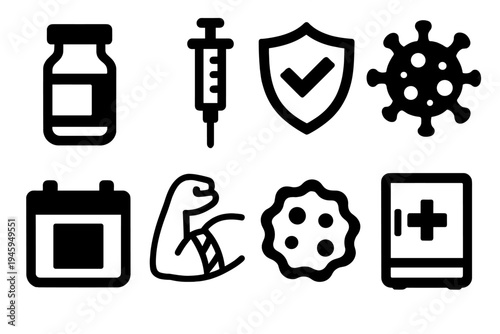 Immunization Icon Set. Immunization silhouette set: vaccine vial, syringe, shield icon, virus shape, calendar date, arm bandage, immunity cell, medical fridge