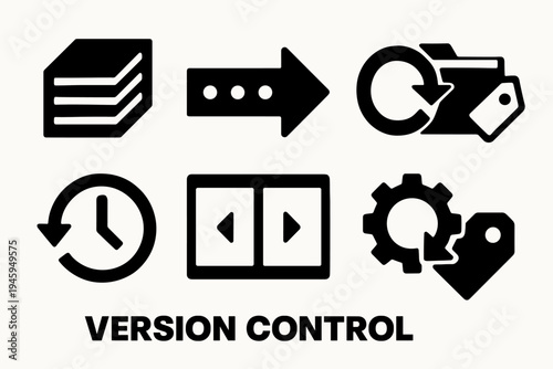Brutalist Version Control Icons. Version Control silhouette set: stacked documents, timeline arrow, refresh symbol, folder tag, history clock, compare screen, update gear, label