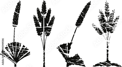 Silhouettes of various grain stalks and leaves arranged in four unique botanical designs