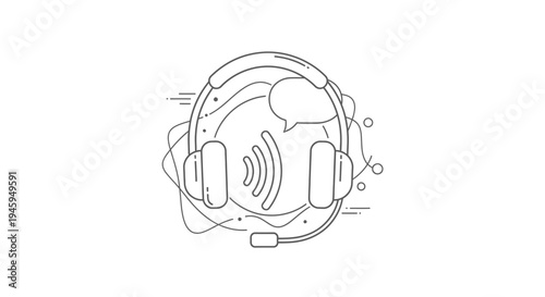 Circled headset with microphone displays sound waves and speech bubbles indicating audio communication support or customer service functions in a technical context.