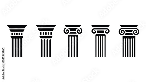 Set of historical architectural columns and pillar capitals in black silhouette style