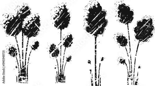 black floral silhouettes of cotton plant stems with bolls rustic natural botanical vector illustration