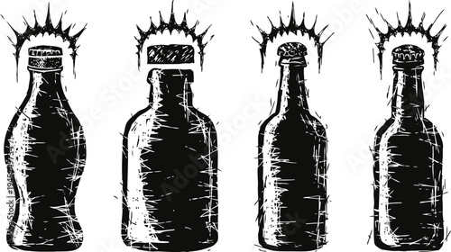 grunge nostalgic soda bottles set with glowing light burst silhouettes