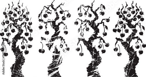 grunge apple trees silhouettes with apples, twisted trunks and branches, set of four black vector illustrations