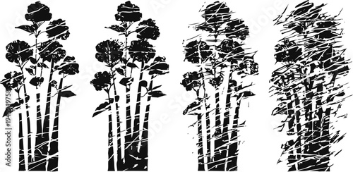 black grunge floral silhouette set with distressed texture of tall flowers and leaves