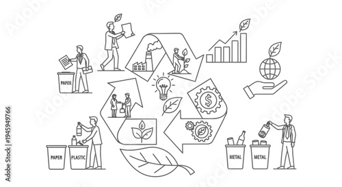Recycling process illustrates circular economy principles with people sorting waste materials into labeled bins around a large symbol.