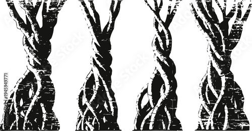 abstract twisted ropes set in black and white vector illustration of four different rope braid styles