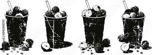 Four smoothies with fruits and straws in clear cups healthy fresh beverages with berries and tropical fruit mix