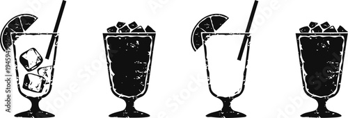 Two cocktails with ice cubes and slices on glasses, refreshing drink silhouettes