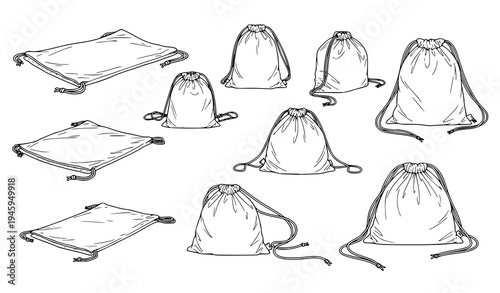 Set of drawstring fabric bags in outline style, reusable storage pouches and cloth sacks illustration in minimal hand drawn vector design