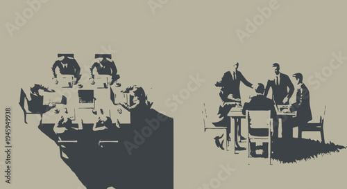Silhouettes depict contrasting business environments showing a formal boardroom meeting alongside a more interactive discussion among executives.