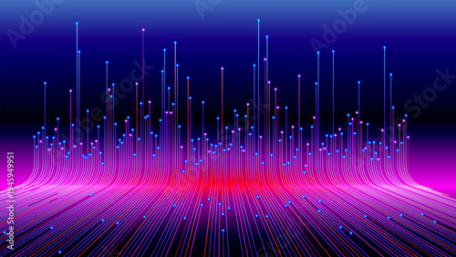 Futuristic Big Data Visualization Background with Neon Digital Lines and Glowing Network Nodes, Abstract Technology Data Landscape Concept Vector