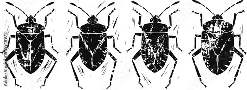 set of four black silhouette beetles with detailed segmented bodies and antennae