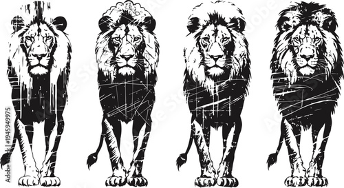 Four stylized lions standing in a row with grunge textures and intense expressions, black and white illustration