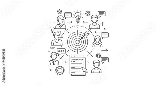 Team members communicate around a central target and document illustrating a focused strategy for achieving organizational communication goals effectively.