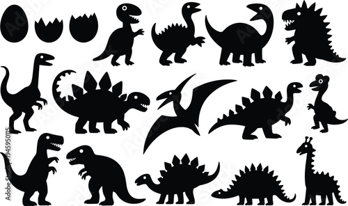 Dinosaur silhouettes collection, cute prehistoric animals including tyrannosaurus stegosaurus triceratops pterodactyl and eggs isolated, cartoon flat vector illustration set