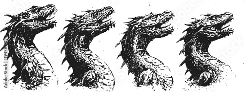 four dragon head silhouettes in black and white with fierce expressions and detailed scales