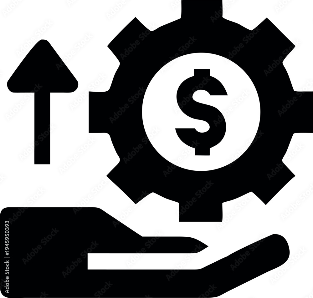 Obraz premium A hand under a gear with dollar sign and an upward arrow