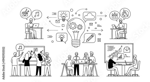 Team members brainstorm ideas around a central glowing lightbulb featuring gears, illustrating the creative process flow involving technology and communication across several distinct work stages.