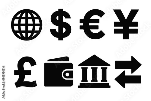 Bold Payment Icons. Global Payments silhouette set: globe icon, dollar sign, euro symbol, yen symbol, pound symbol, wallet, bank building, transfer arrows