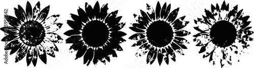 Vintage sunflower silhouettes in black with varied petal designs and distressed textures