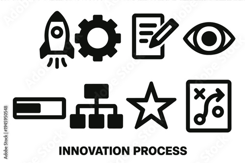 Brutalist Innovation Icons. Innovation Process silhouette set: rocket icon, gear wheel, document draft, vision eye, progress bar, data flow, star symbol, strategy board